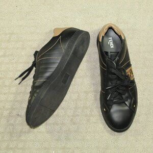 Fendi Black Leather Low Brown Striped Logo Sneakers Men's 9 COA